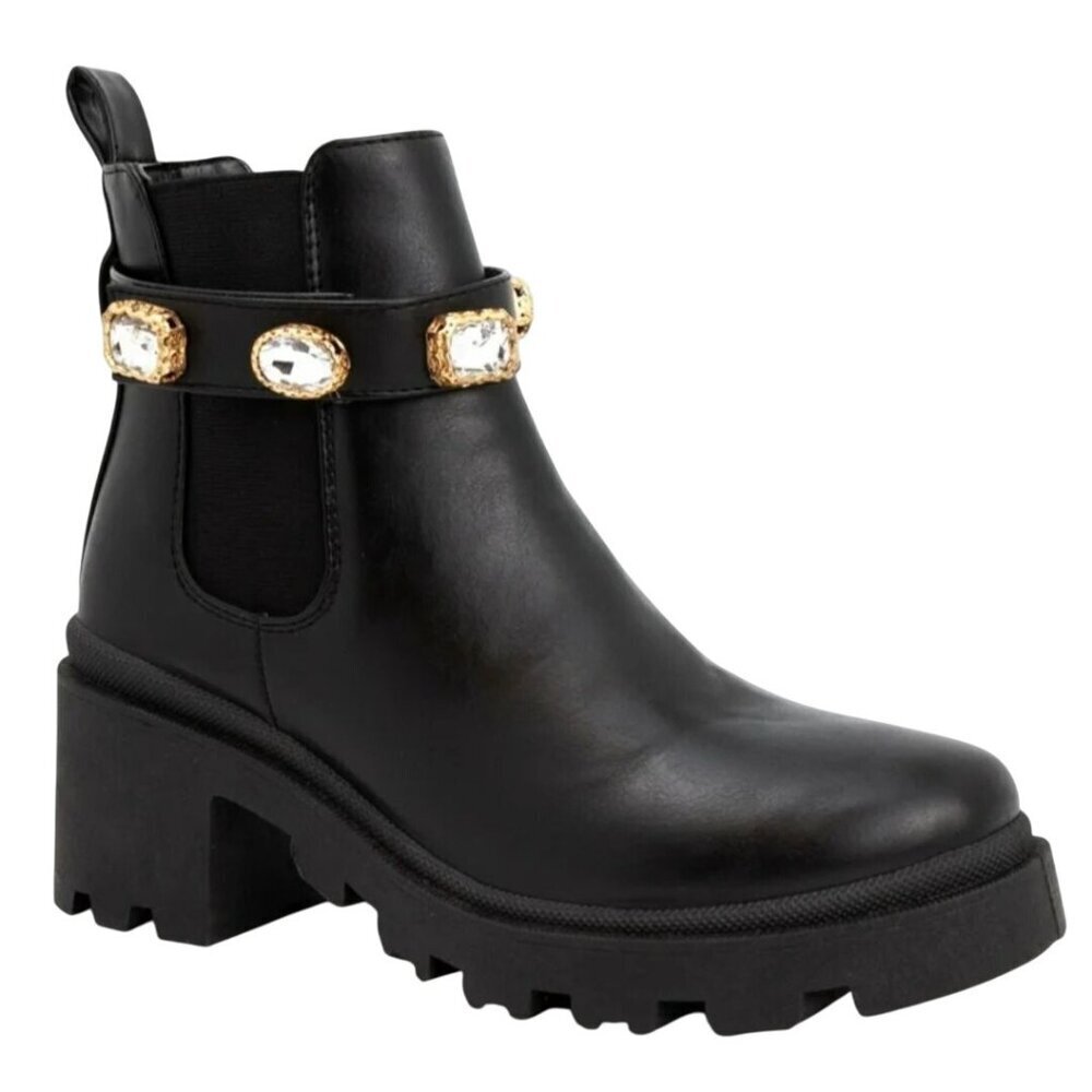Sugar Favorite Rhinestone Embellished Black Faux Leather Chelsea Boots Size 8M